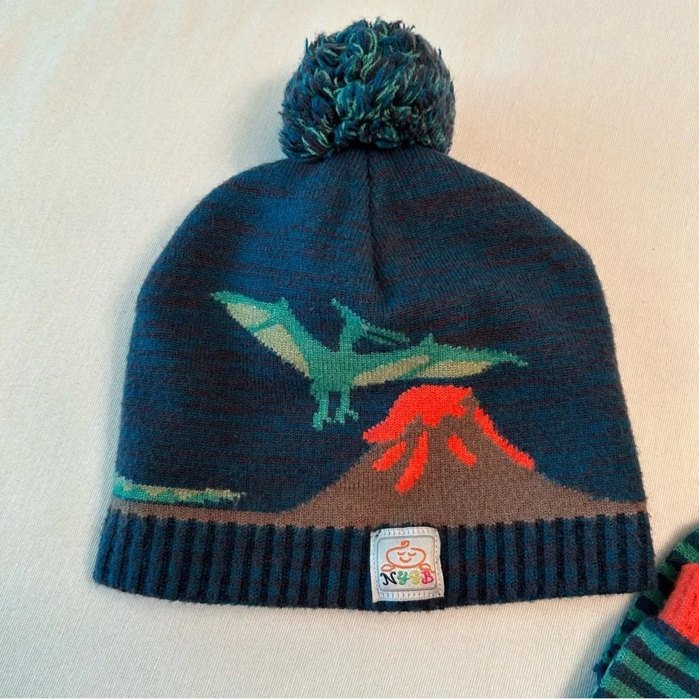 Baby Toddler Dinosaur Winter Pom-Pom Beanie Hat & Matching Mittens Set Soft Warm